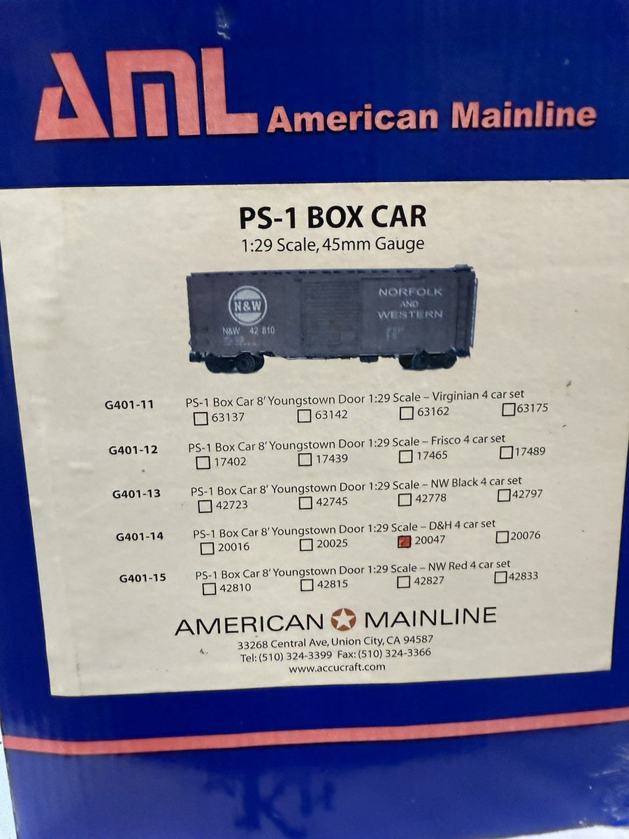 AML (American Mainline) G401 Steel Box Car 6 Box Lot New in Box. G Scale