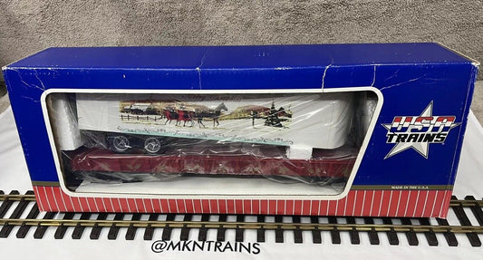 USA TRAINS R17033 2008 MERRY CHRISTMAS FLAT CAR W/PIGGYBACK TRAILER NIB G Scale