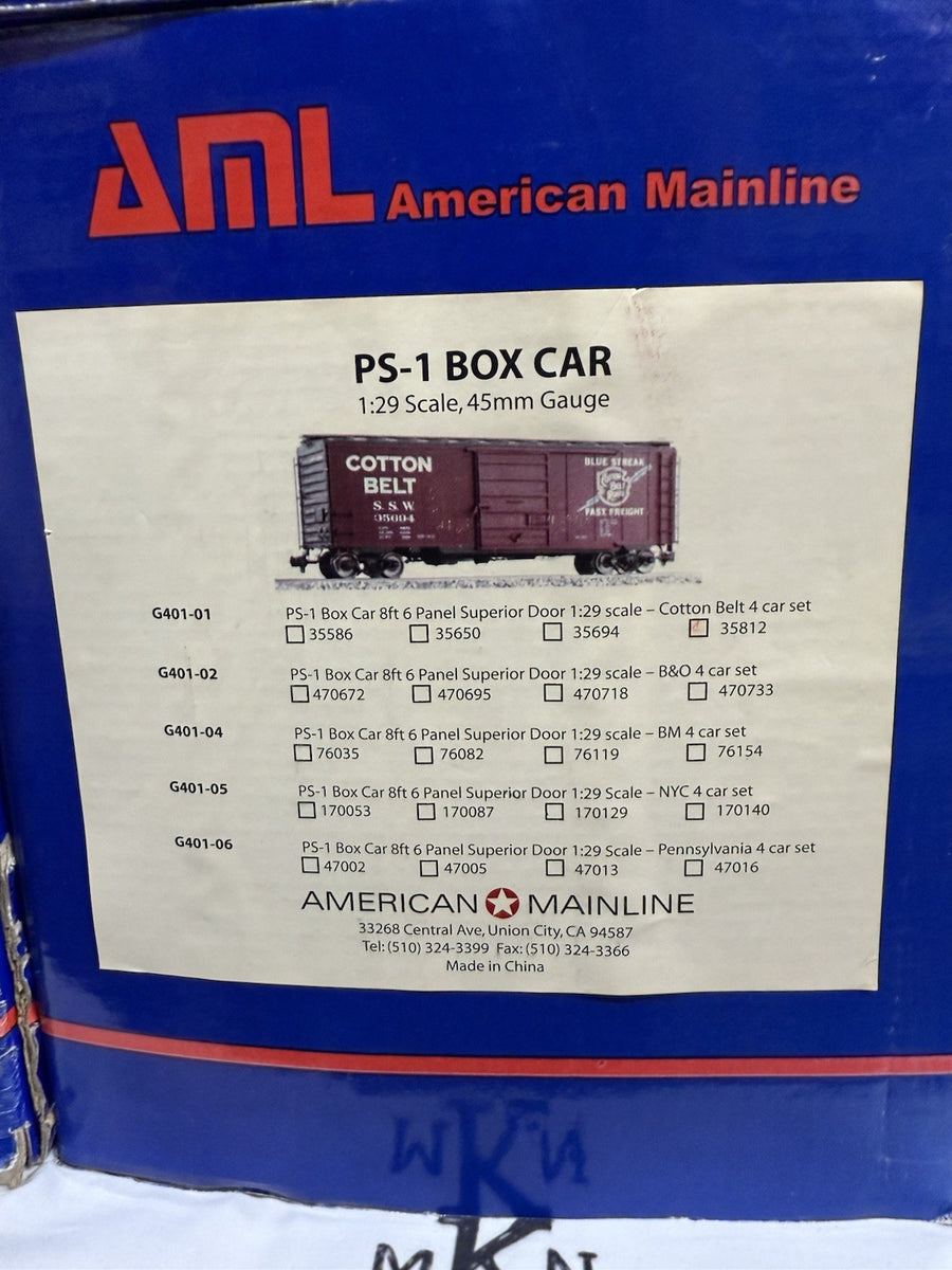 AML (American Mainline) G401 Steel Box Car 6 Box Lot New in Box. G Scale