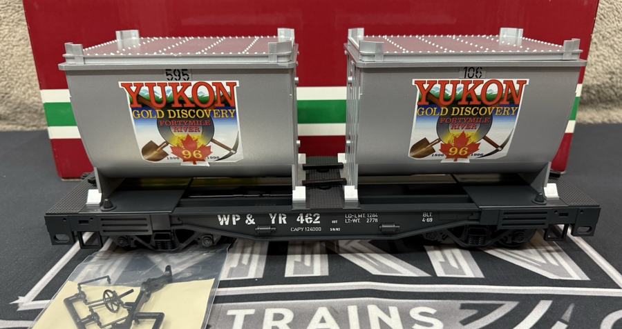 LGB 41860 G Scale WP&YR Yukon Gold Discovery Flatcar with Containers G Scale New