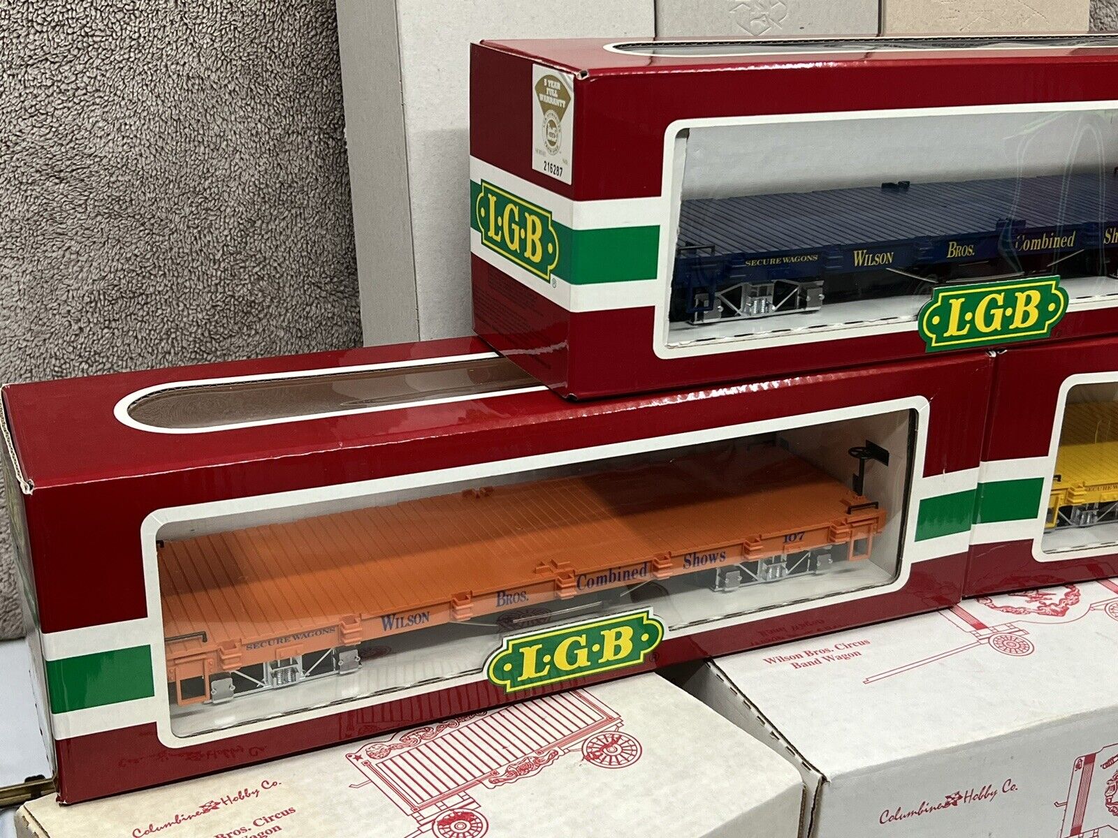 LGB 4060DG, 4160DG & 4260DG WILSON CIRCUS FLATS & WAGONS W/HOLDERS MINT G Scale