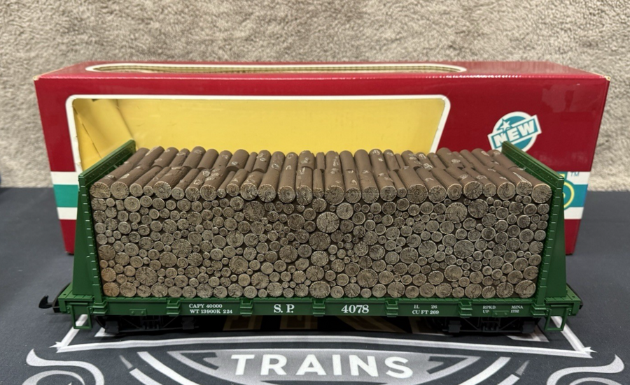 LGB 4078 SOUTHERN PACIFIC BULKHEAD FLATCAR WITH WOOD LOAD LN/BOX G Scale