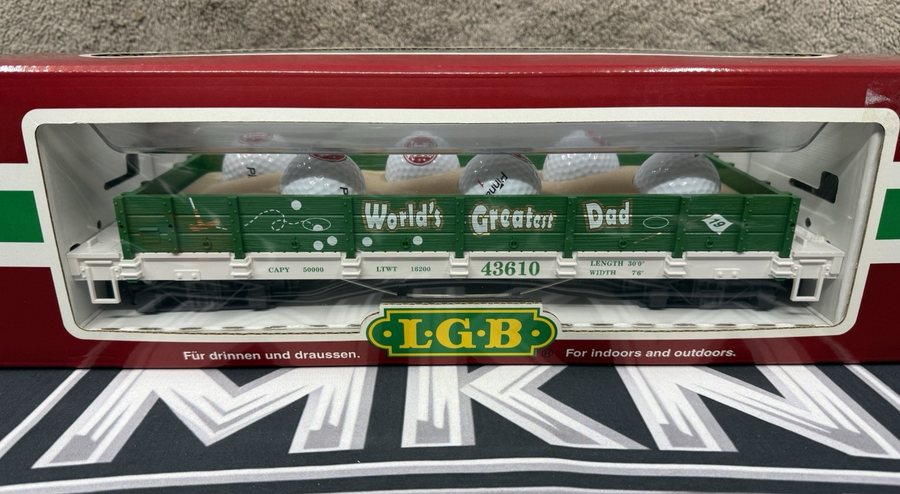 LGB 43610 Flat Car “World’s Greatest Dad” Golf Ball Car LN/Box G Scale
