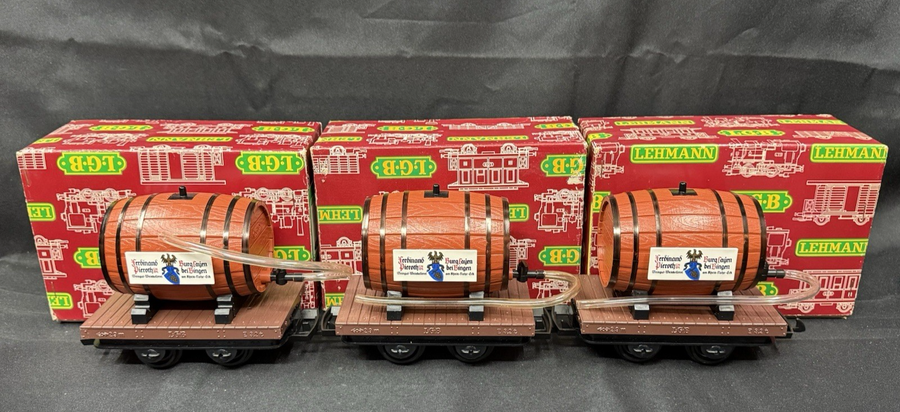 LGB 4047 G-Scale Wine Beer Barrel in NEW old stock G Scale Flat Car Lot of 3
