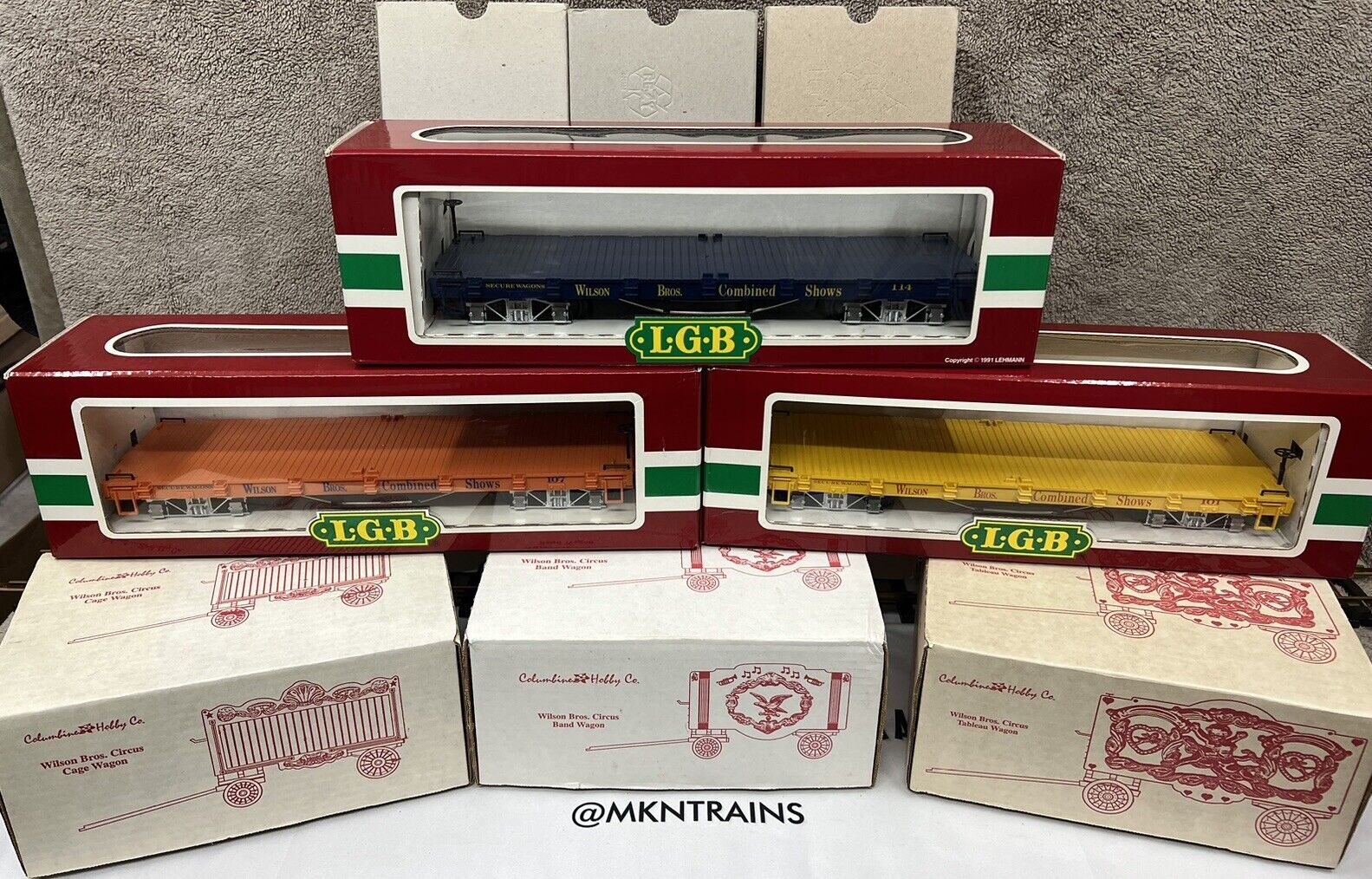 LGB 4060DG, 4160DG & 4260DG WILSON CIRCUS FLATS & WAGONS W/HOLDERS MINT G Scale