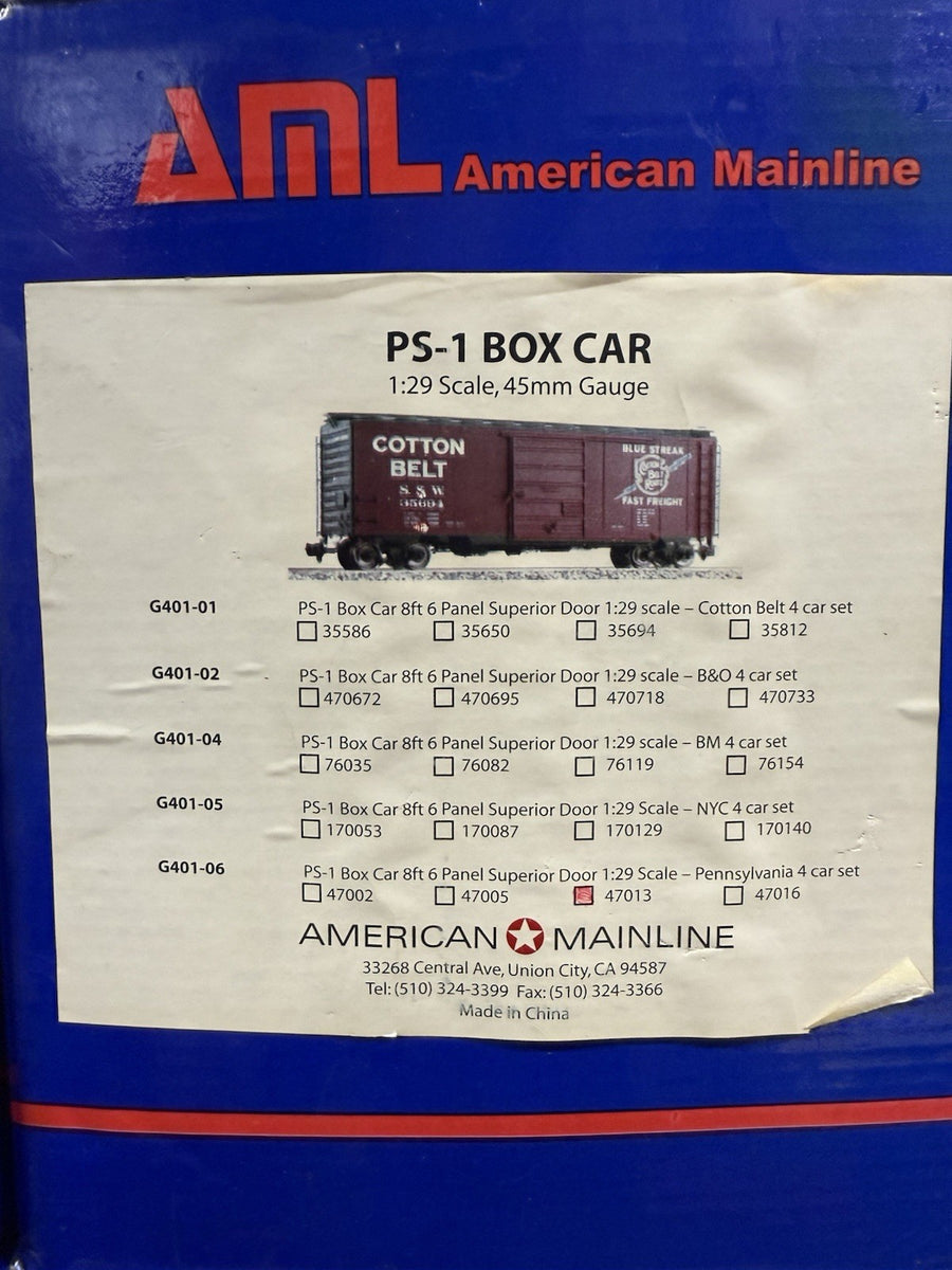 AML (American Mainline) G401 Steel Box Car 6 Box Lot New in Box. G Scale