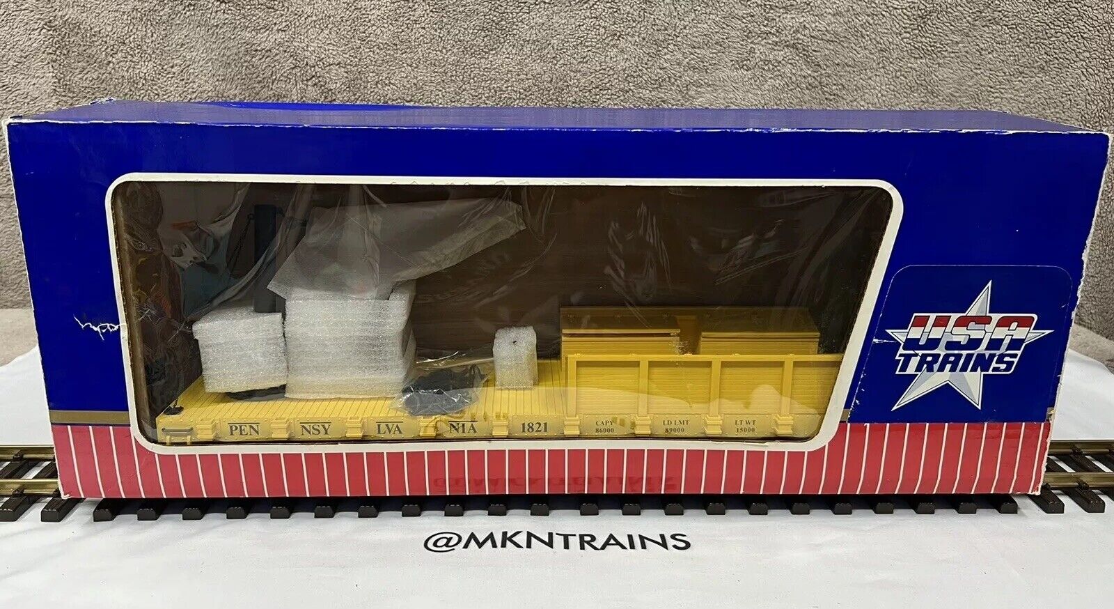 USA Trains/ RO 1821 Pennsylvania Work Flat Car With Crane Load G Scale Yellow