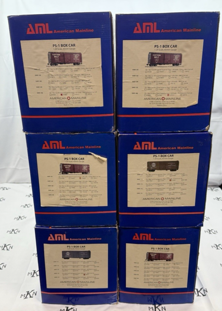 AML (American Mainline) G401 Steel Box Car 6 Box Lot New in Box. G Scale