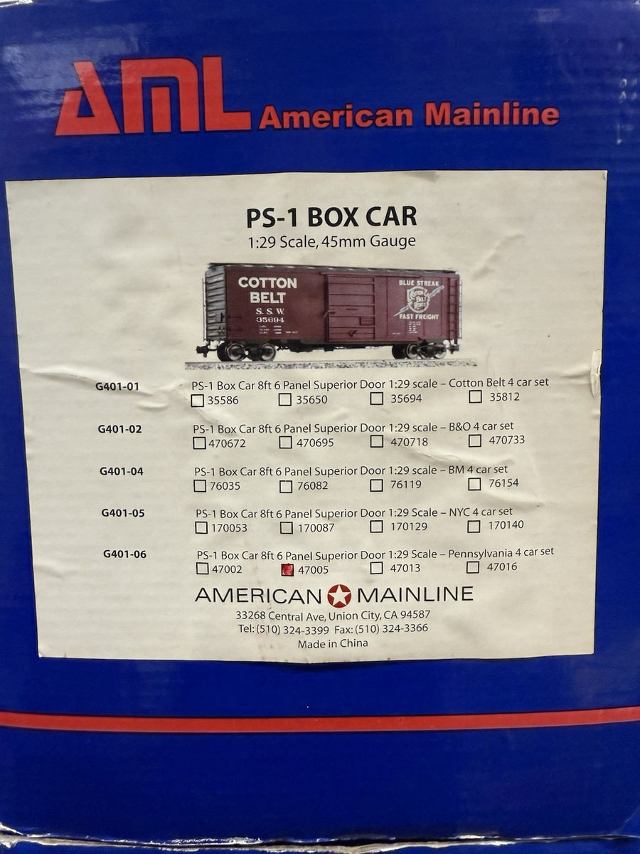 AML (American Mainline) G401 Steel Box Car 6 Box Lot New in Box. G Scale