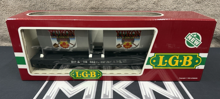 LGB 41860 G Scale WP&YR Yukon Gold Discovery Flatcar with Containers G Scale New