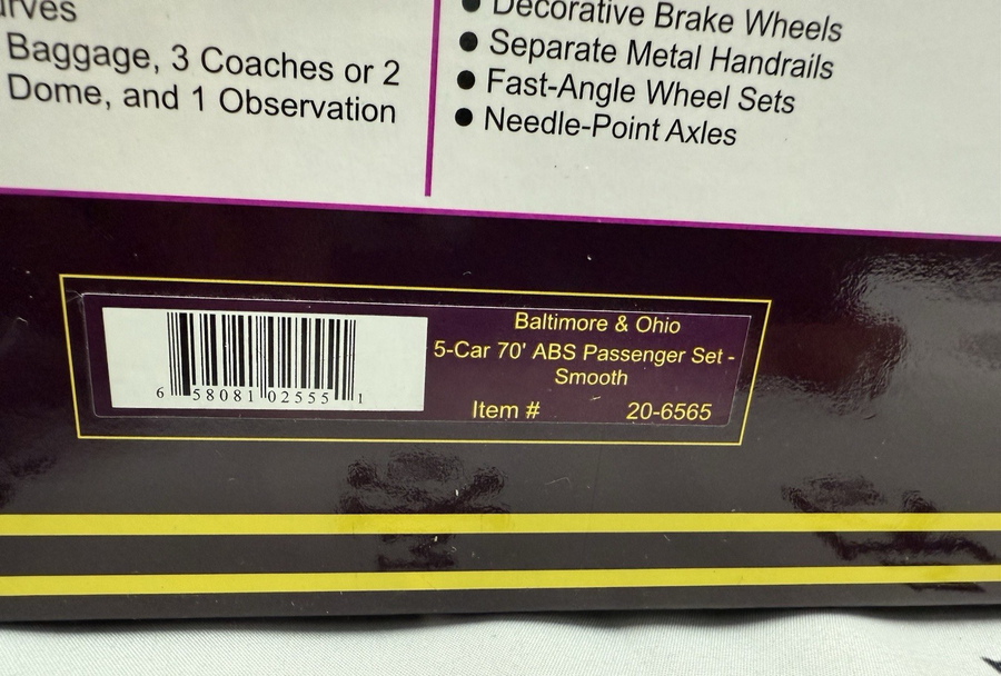 MTH 20-6565 Baltimore & Ohio ABS 5 Car Smooth Passenger Set Brand New O Gauge